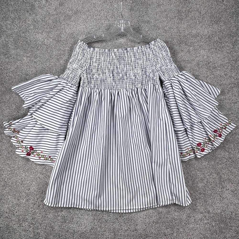 Aqua Womens Blue White Striped Smocked Off Shoulder Tiered Ruffle Sleeve Top M